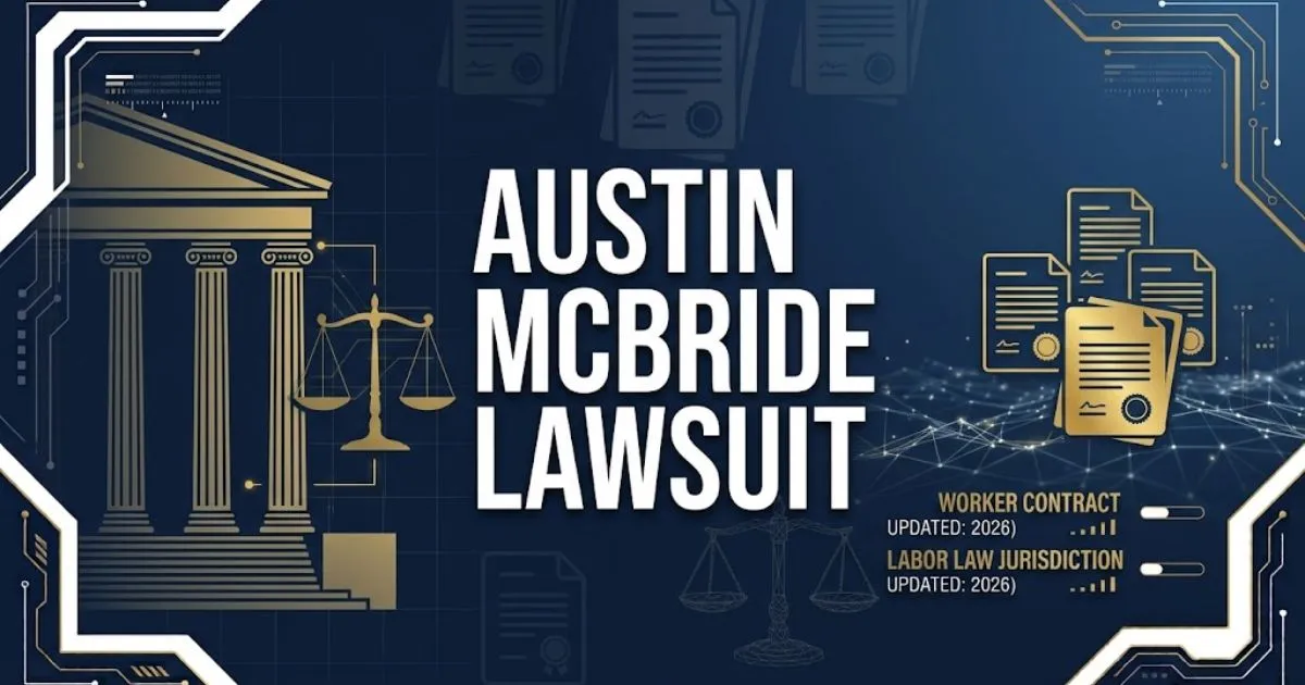 Austin McBride lawsuit hero banner with courthouse silhouette and bold white headline text on navy background