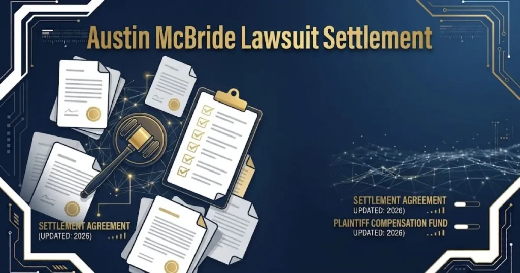 Austin McBride lawsuit settlement graphic with legal documents and gavel icon on navy background
