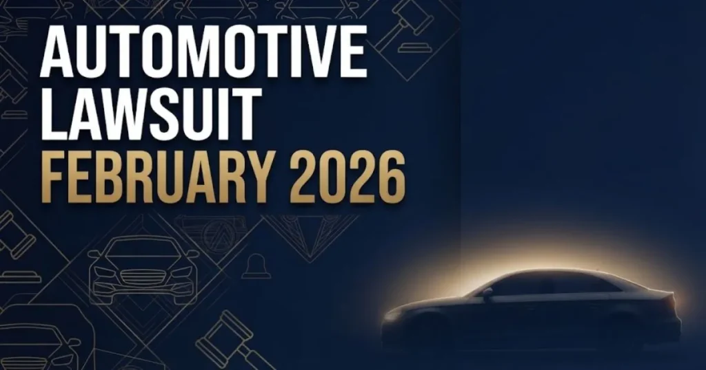 Automotive lawsuit February 2026 hero banner with navy background, gold gavel icons, and car silhouette graphics