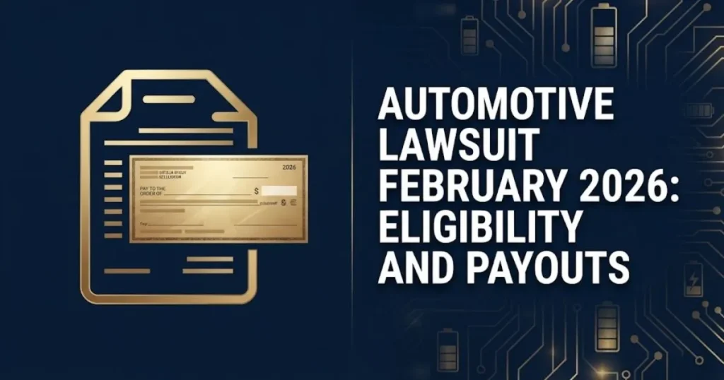 Automotive lawsuit February 2026 supporting graphic showing settlement document icons and eligibility payout text on navy background