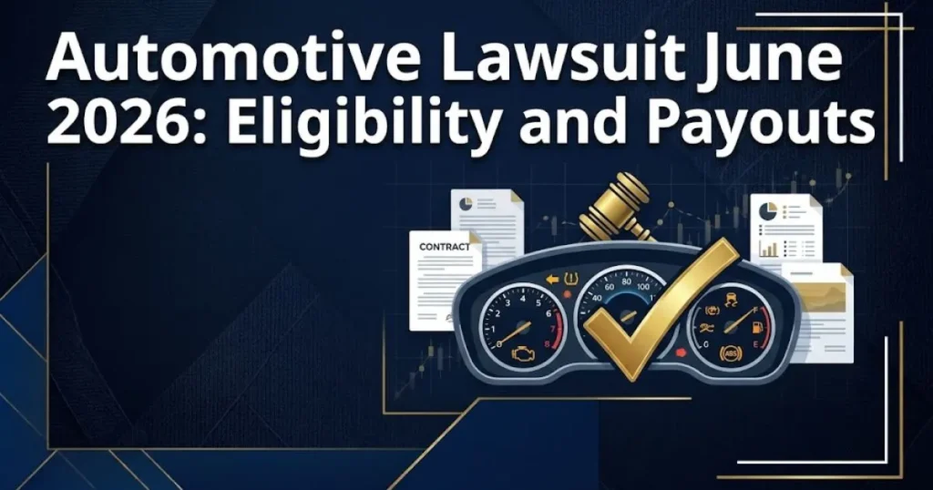 Automotive lawsuit June 2026 eligibility graphic with dashboard warning lights and settlement checkmark