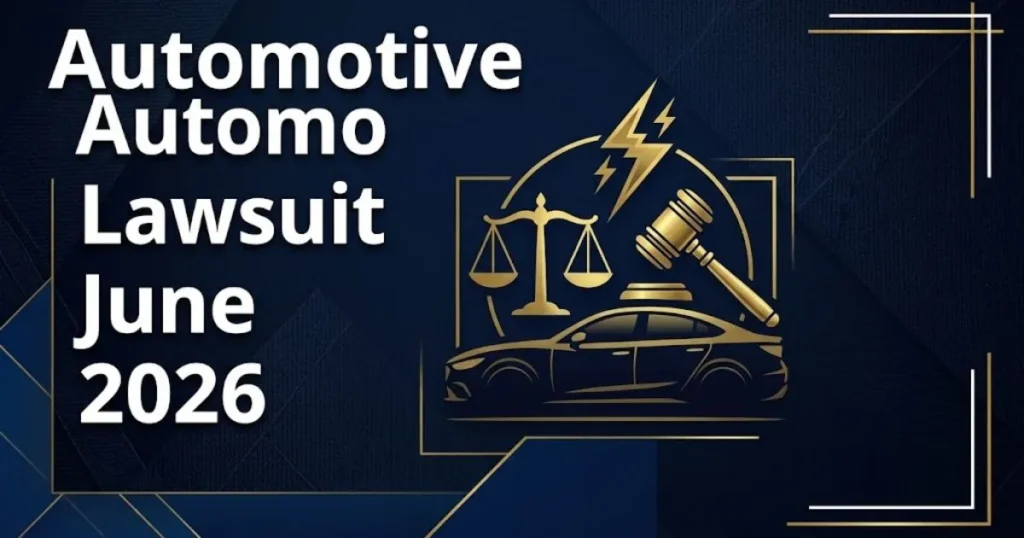 Automotive lawsuit June 2026 hero banner with car silhouette and scales of justice on navy background