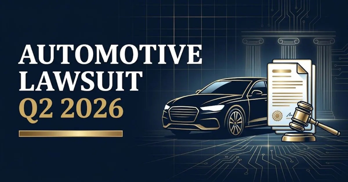 Automotive lawsuit Q2 2026 editorial hero banner with sedan silhouette, gavel, and legal document icons on navy background.