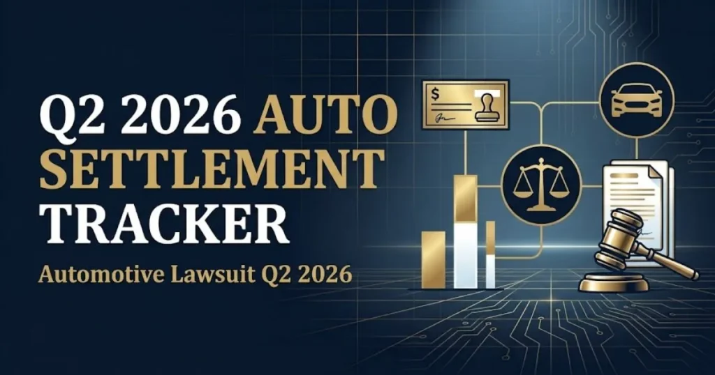 Automotive lawsuit Q2 2026 settlement tracker graphic with car outline, check icon, and scale of justice on navy editorial design.