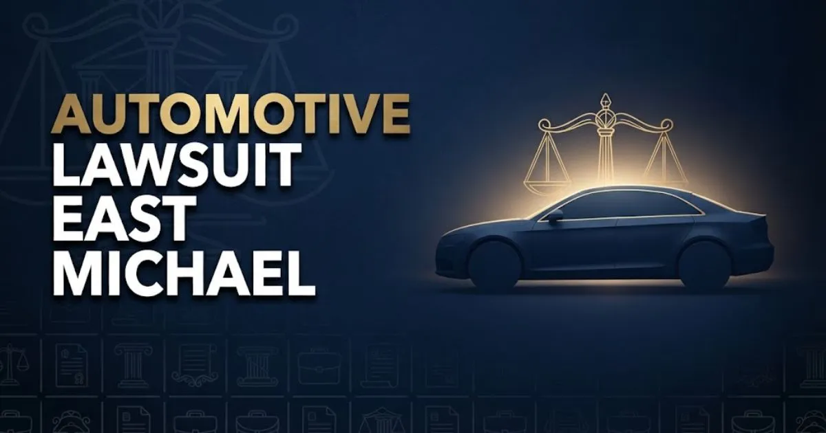 Automotive lawsuit east michael hero banner with car silhouette and scales of justice on navy background