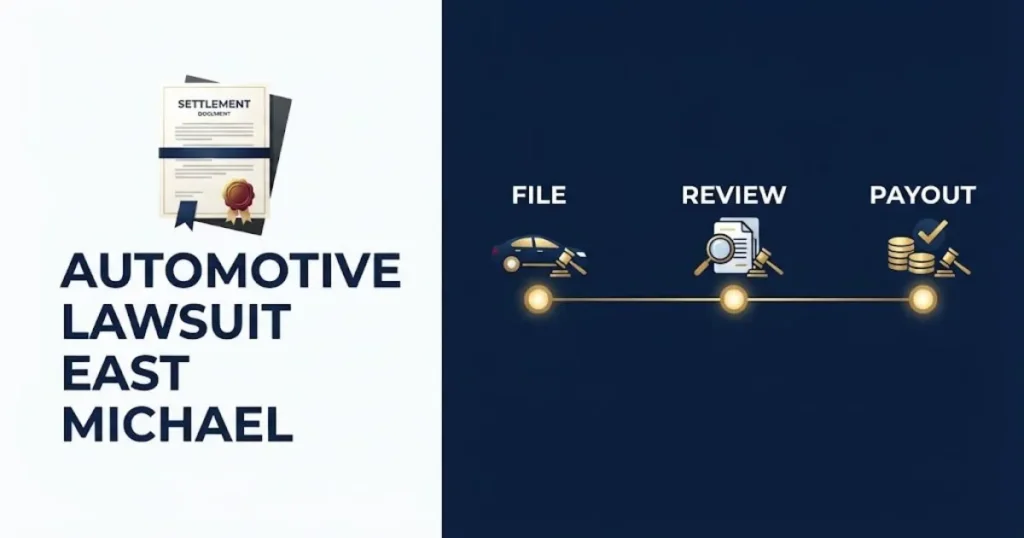 Automotive lawsuit east michael settlement timeline graphic with document icon and payout milestones
