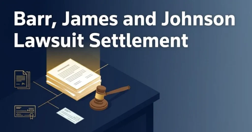 Barr, James and Johnson Lawsuit settlement graphic with legal documents and gavel icons on navy background