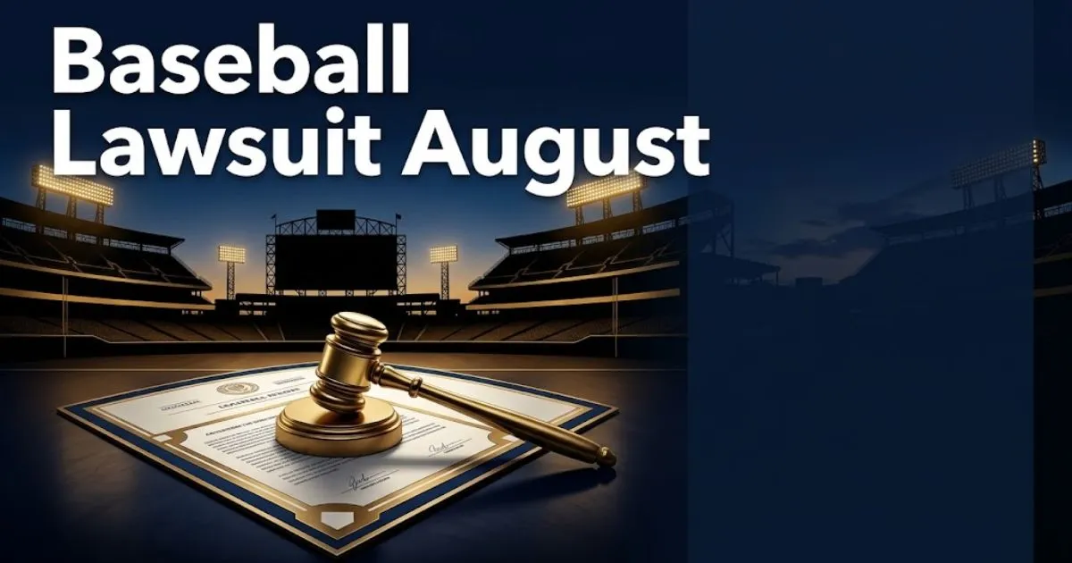 Baseball lawsuit August hero banner showing stadium silhouette with gavel and legal document on diamond field in navy and gold tones.