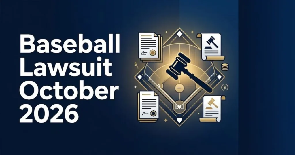 Baseball lawsuit October 2026 hero banner with gavel and diamond graphics on navy background