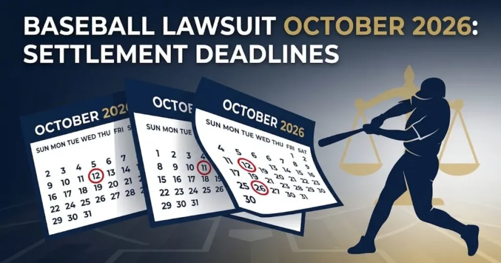 Baseball lawsuit October 2026 settlement deadlines graphic with calendar and legal scales icons