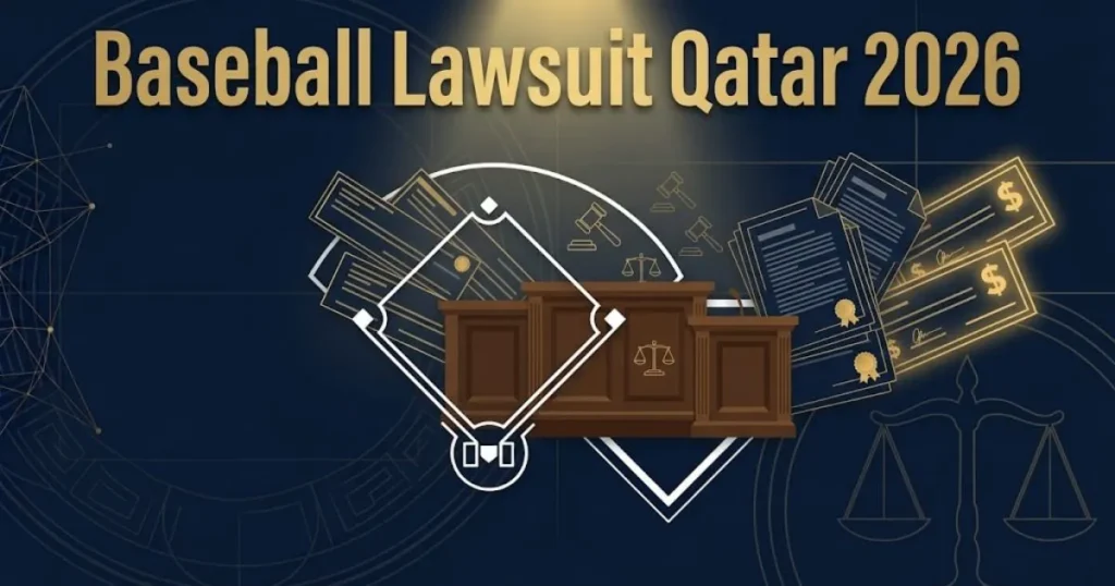 Baseball lawsuit Qatar 2026 supporting graphic with courtroom and settlement icons on navy background