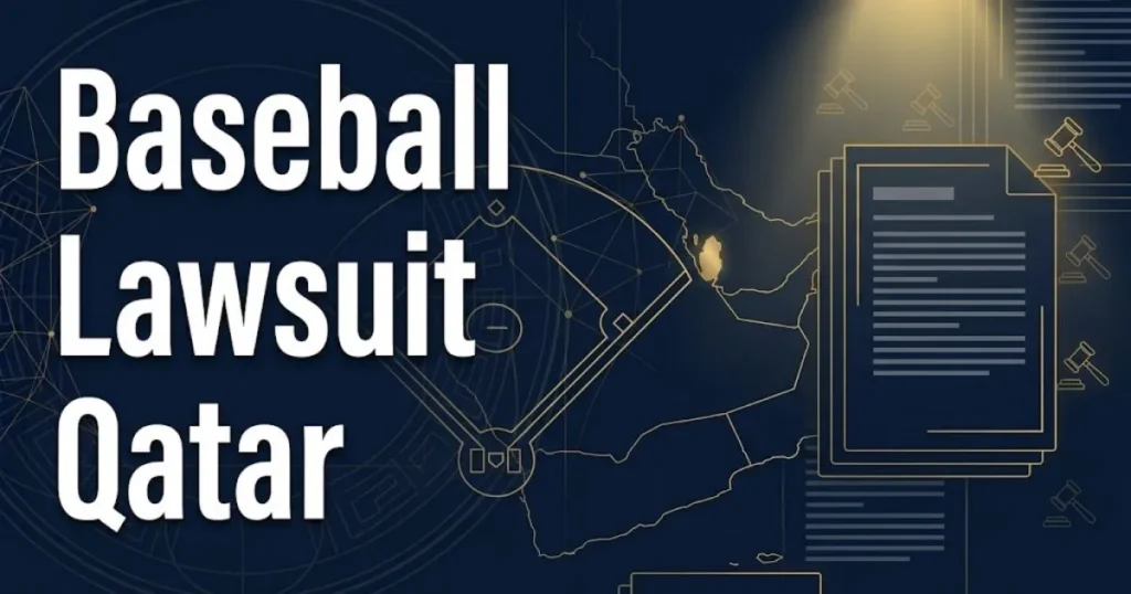 Baseball lawsuit Qatar hero banner with legal symbols and Arabian Peninsula map outline on navy background