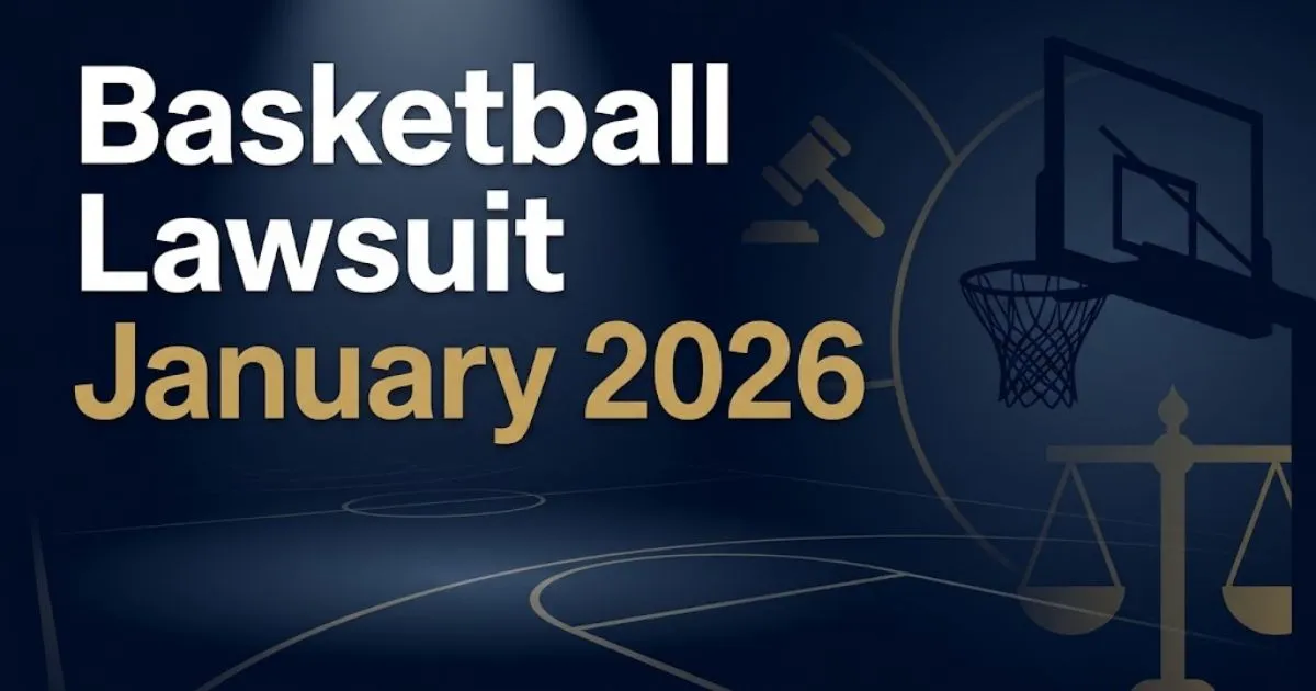 Basketball lawsuit January 2026 hero banner with navy court background and gold legal symbols