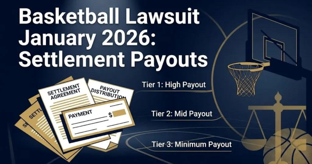 Basketball lawsuit January 2026 settlement payouts graphic with legal documents and gold accents