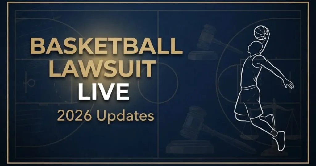 Basketball lawsuit live hero banner with navy background, gold legal icons, and player silhouette for 2026 settlement updates