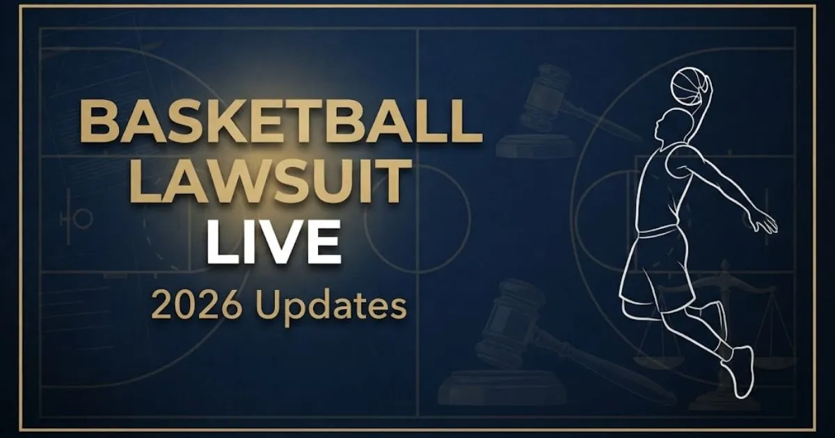 Basketball lawsuit live hero banner with navy background, gold legal icons, and player silhouette for 2026 settlement updates