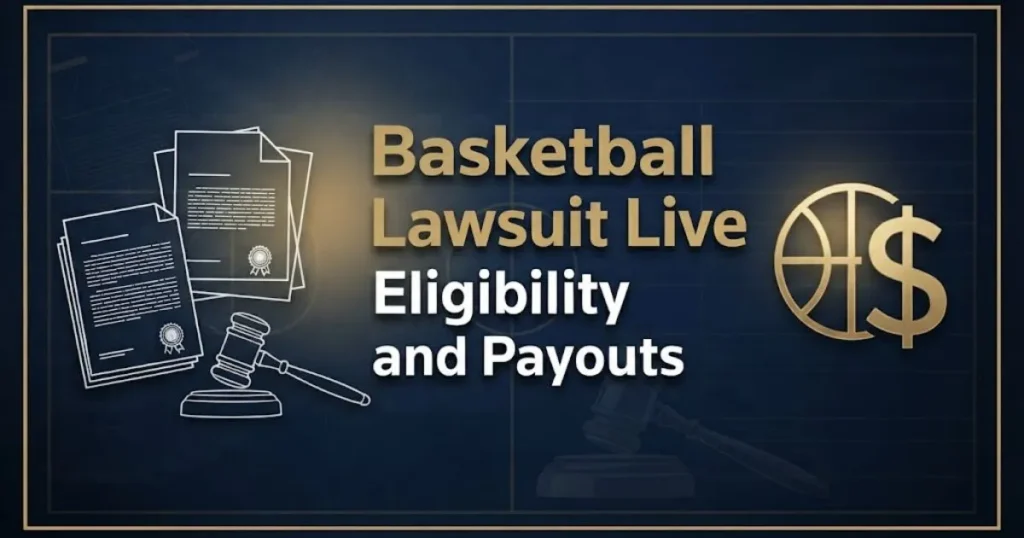 Basketball lawsuit live supporting graphic showing courtroom icons, eligibility details, and payout symbols on navy background