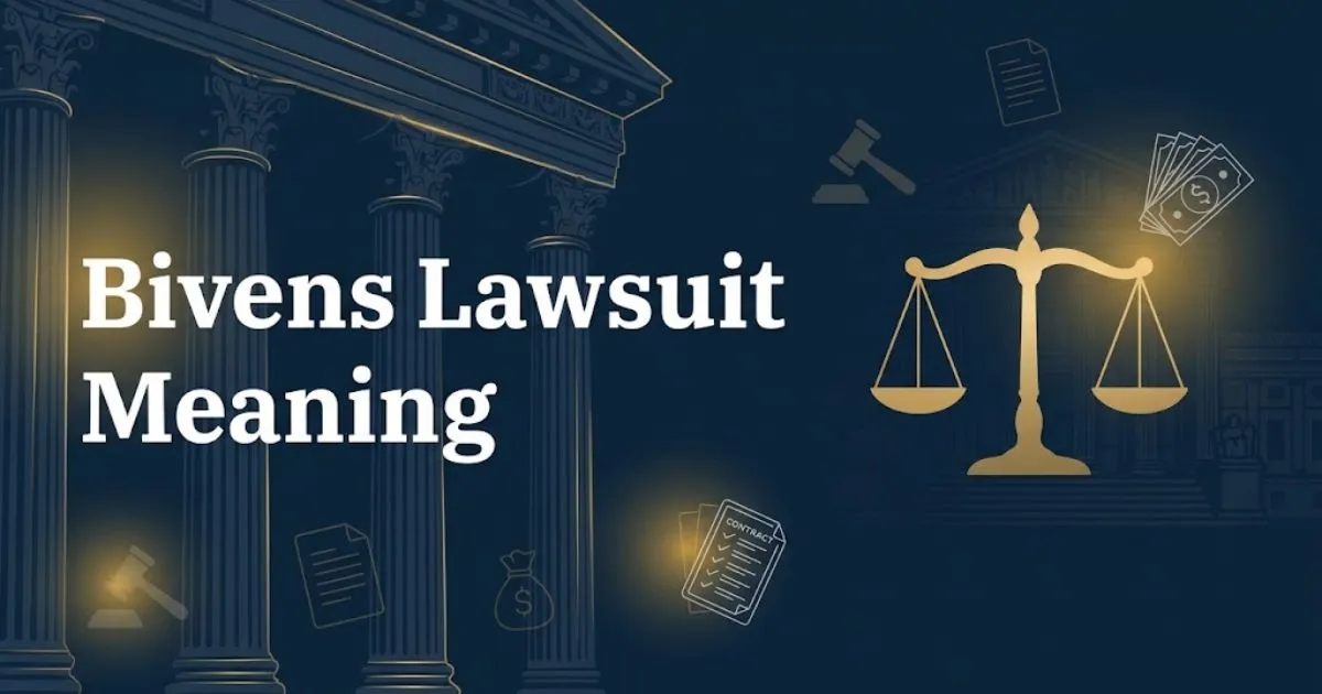 Bivens lawsuit meaning hero banner with Supreme Court columns and scales of justice in navy and gold