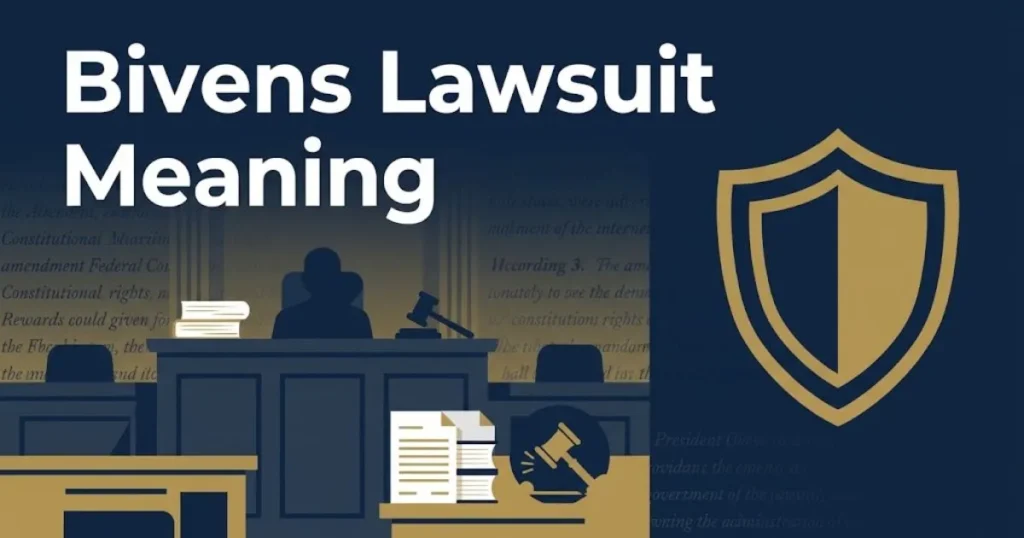Bivens lawsuit meaning supporting graphic with courtroom silhouette and constitutional rights shield in navy and gold