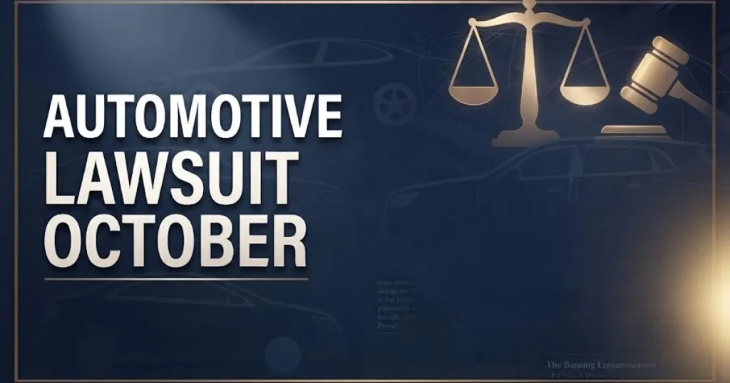 Bold headline reading automotive lawsuit october over dark navy legal themed background with car silhouettes and gold justice icons