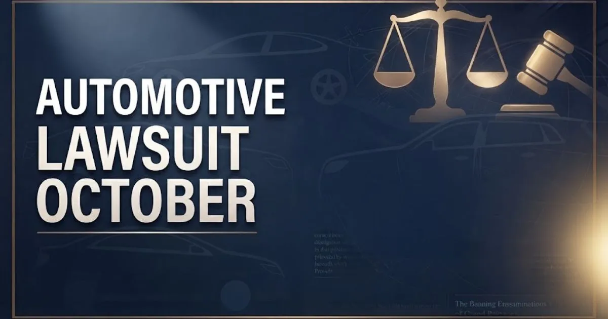Bold headline reading automotive lawsuit october over dark navy legal themed background with car silhouettes and gold justice icons