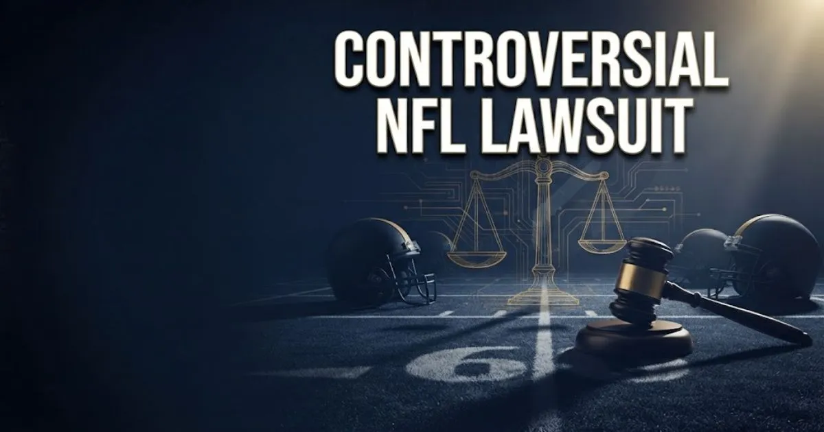 Bold headline reading controversial NFL lawsuit over dark navy football field with gold legal scales and helmet silhouettes