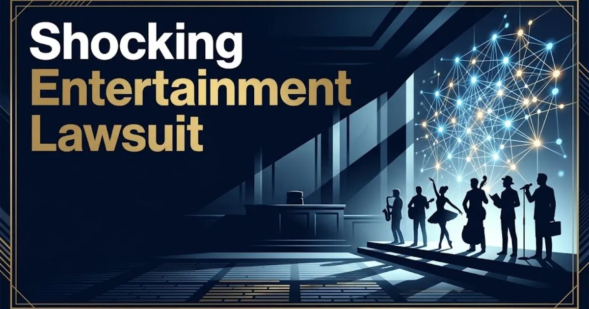 Bold headline reading shocking entertainment lawsuit over a dark navy courtroom scene with AI neural network visuals and performer silhouettes