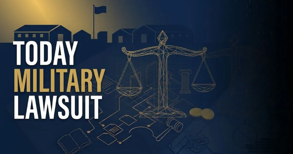 Bold headline reading today military lawsuit over navy military base silhouette with gold justice scales