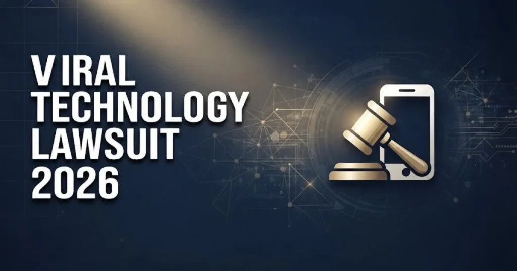 Bold headline reading viral technology lawsuit 2026 over abstract digital network background with gavel and phone icon in navy and gold