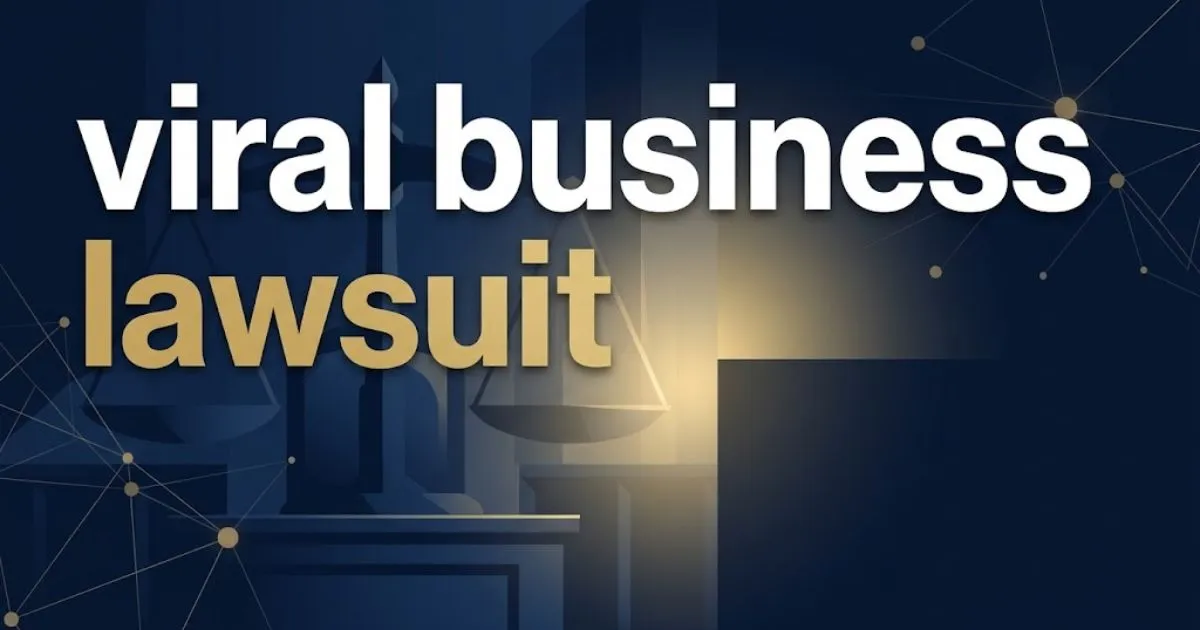Bold headline text reading viral business lawsuit over abstract navy courtroom and digital network graphic in gold and white tones