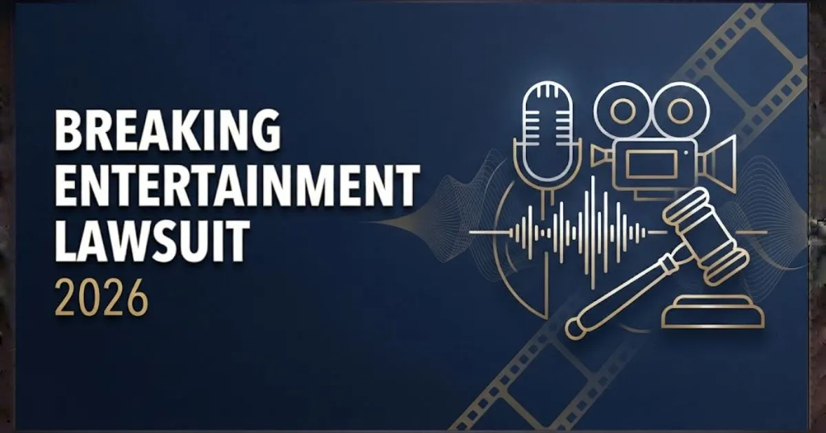 Breaking entertainment lawsuit 2026 hero banner with legal icons and gold typography on navy background