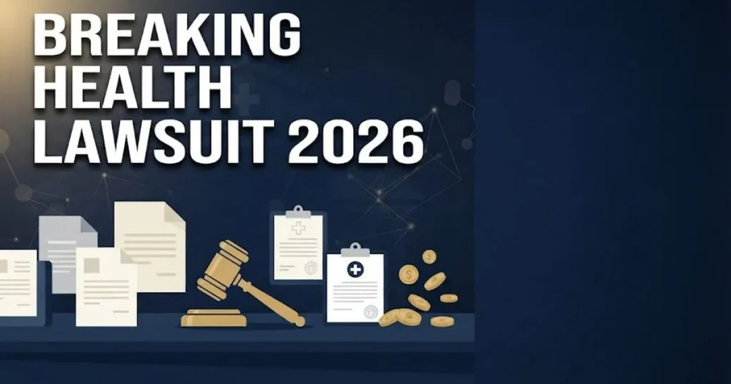Breaking health lawsuit 2026 settlement graphic with legal documents and gold compensation icons