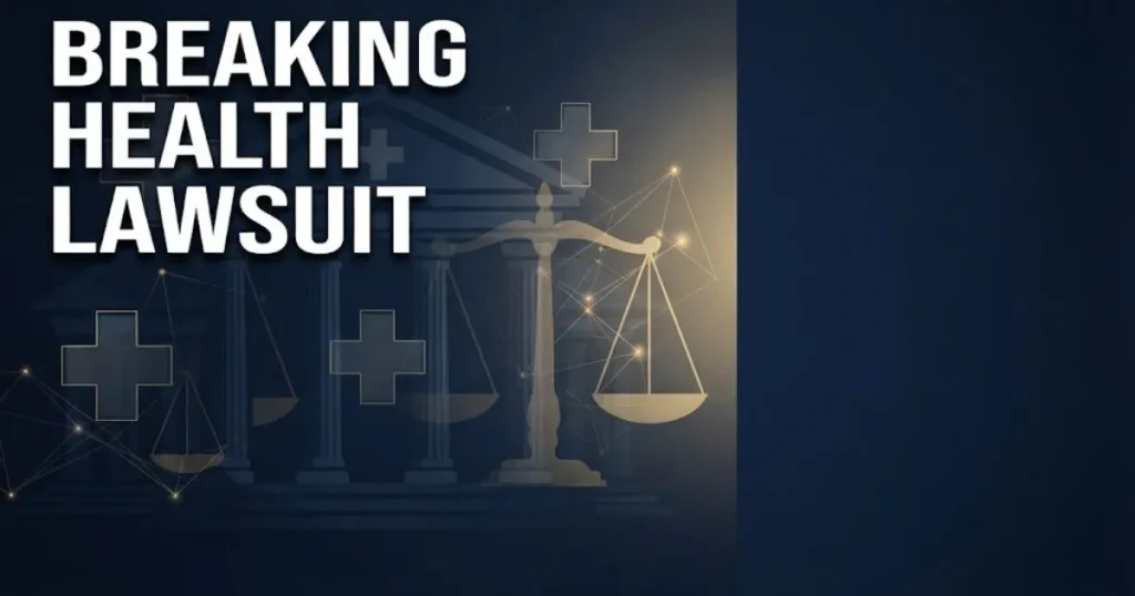Breaking health lawsuit hero banner with navy courthouse background and gold scales of justice icons