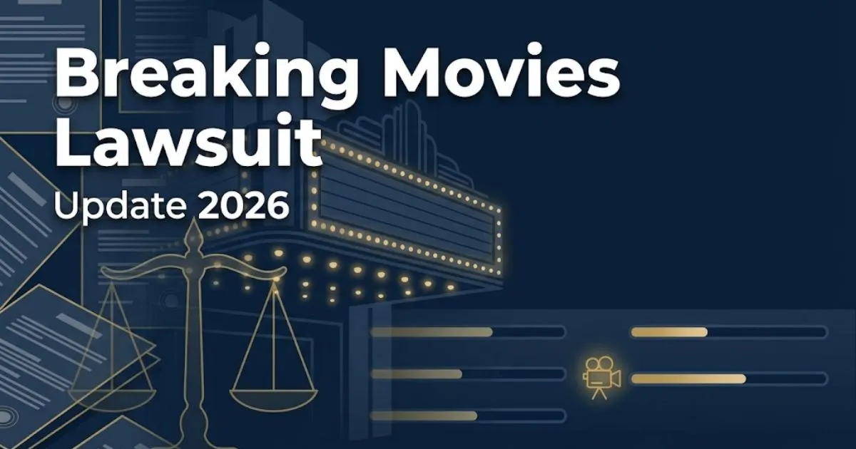 Breaking movies lawsuit hero banner with theater marquee silhouette and gold legal scales on navy background