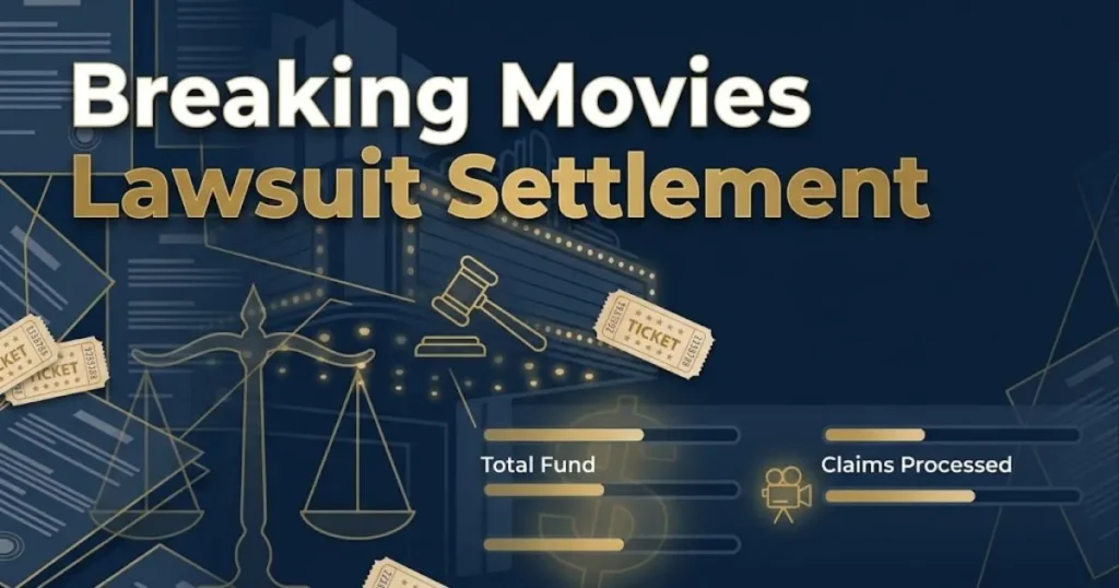 Breaking movies lawsuit settlement graphic with legal documents and movie ticket stubs on navy background