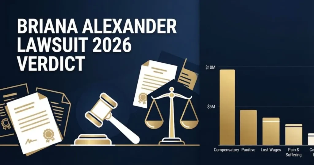 Briana Alexander Lawsuit 2026 verdict breakdown graphic with legal symbols on navy