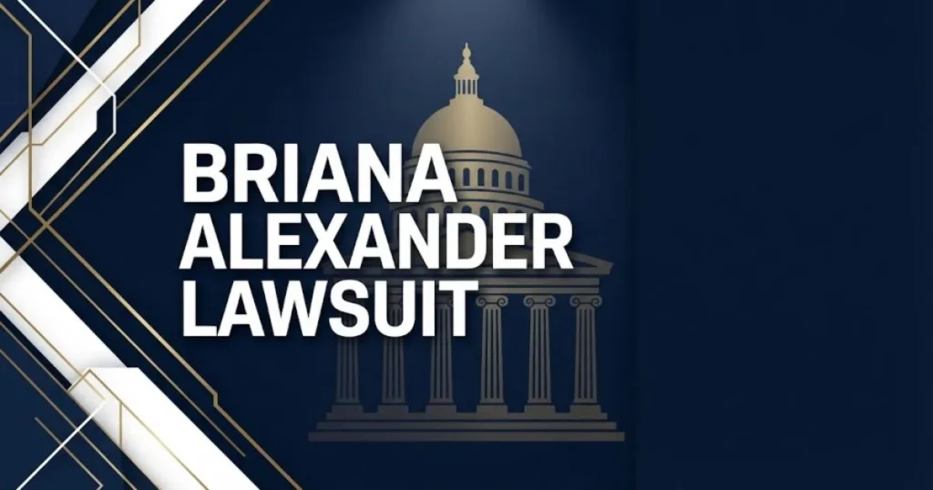 Briana Alexander Lawsuit hero banner with courthouse silhouette on navy background