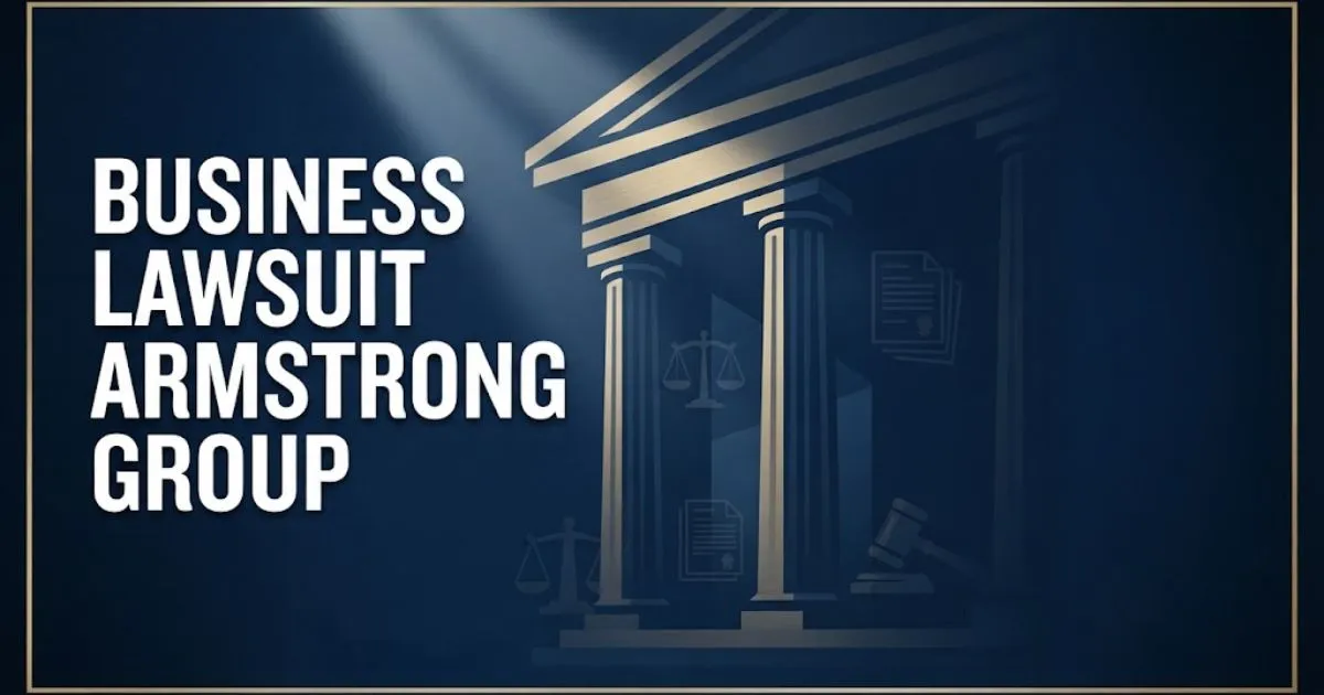 Business lawsuit Armstrong group hero banner with courthouse graphics and navy gold color scheme
