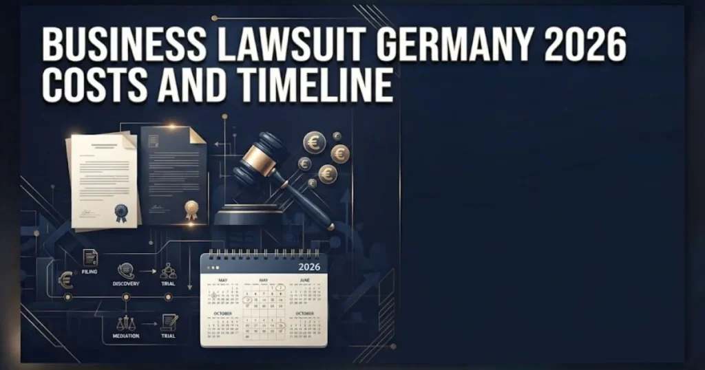 Business lawsuit Germany 2026 costs timeline graphic with legal documents and euro symbols on navy background