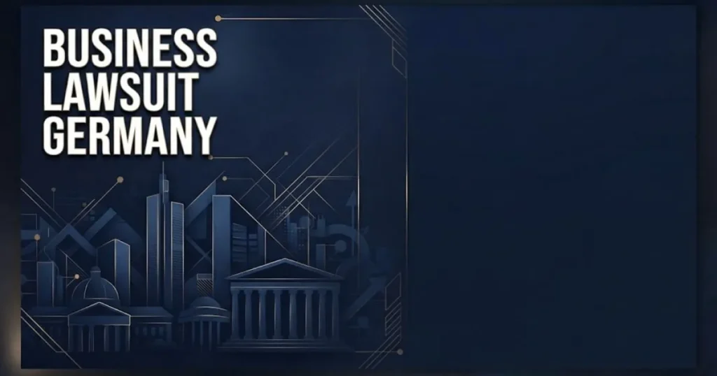 Business lawsuit Germany hero banner with Frankfurt skyline silhouette and legal typography in navy and gold