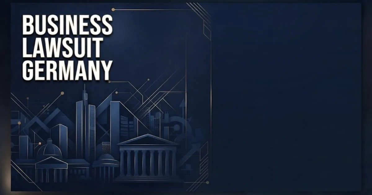 Business lawsuit Germany hero banner with Frankfurt skyline silhouette and legal typography in navy and gold