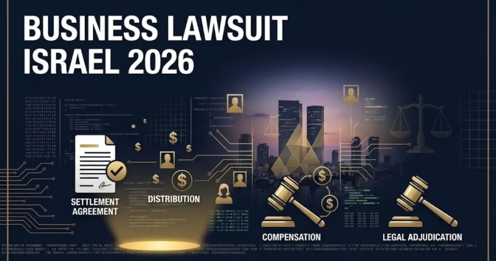 Business lawsuit Israel 2026 hero banner with Tel Aviv skyline and legal scales in navy and gold