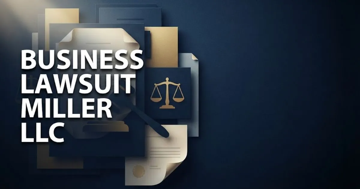 Business lawsuit Miller LLC hero banner with legal documents and scales of justice in navy and gold