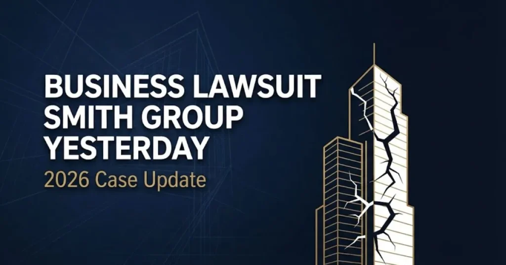 Business lawsuit Smith Group yesterday hero banner with cracked building silhouette and 2026 case update text on navy background