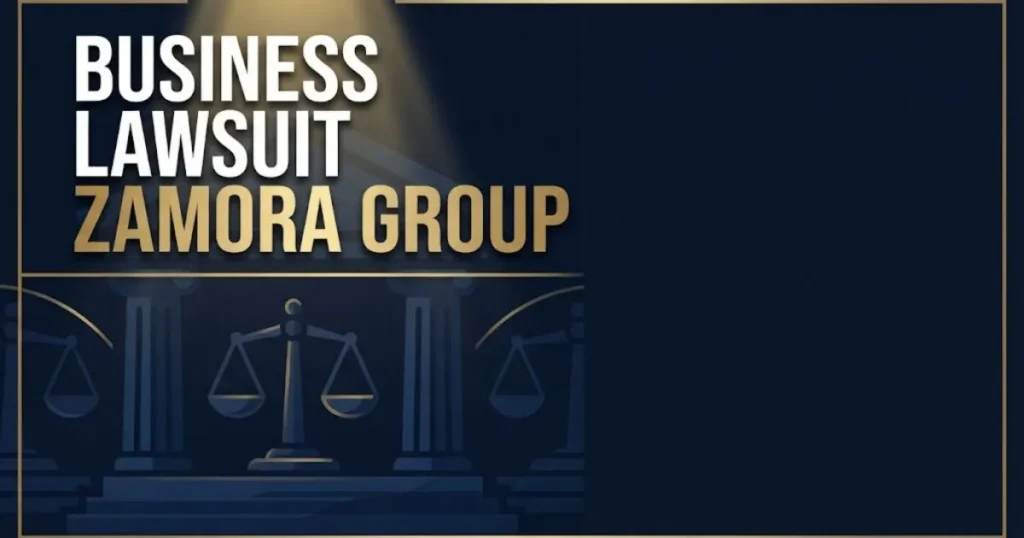 Business lawsuit Zamora Group hero banner with courthouse icons and navy gold design