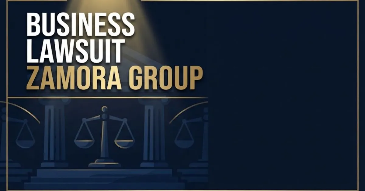 Business lawsuit Zamora Group hero banner with courthouse icons and navy gold design