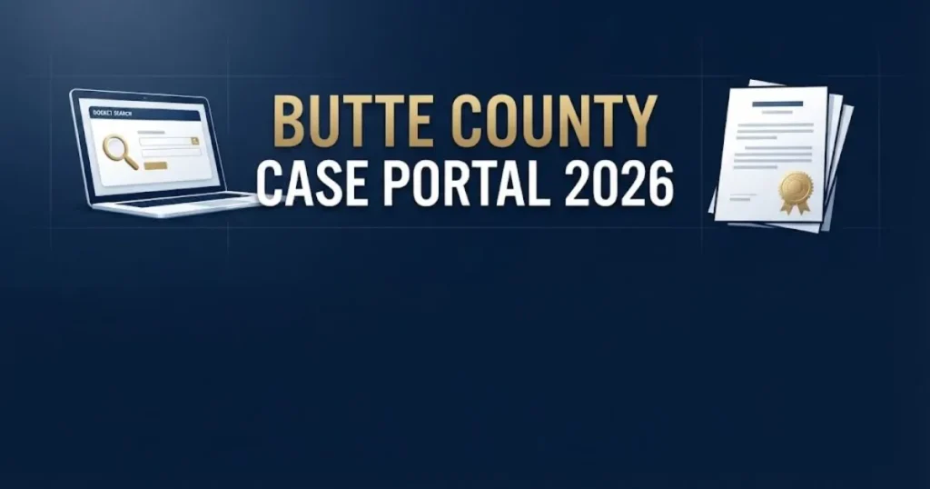 Butte County superior court case search portal graphic showing laptop docket and certified document icons.