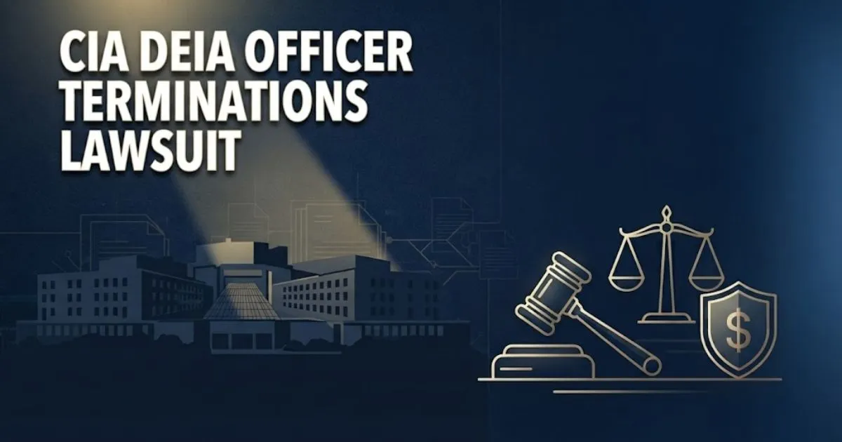 CIA DEIA officer terminations lawsuit hero banner with CIA building silhouette and legal symbols in navy and gold