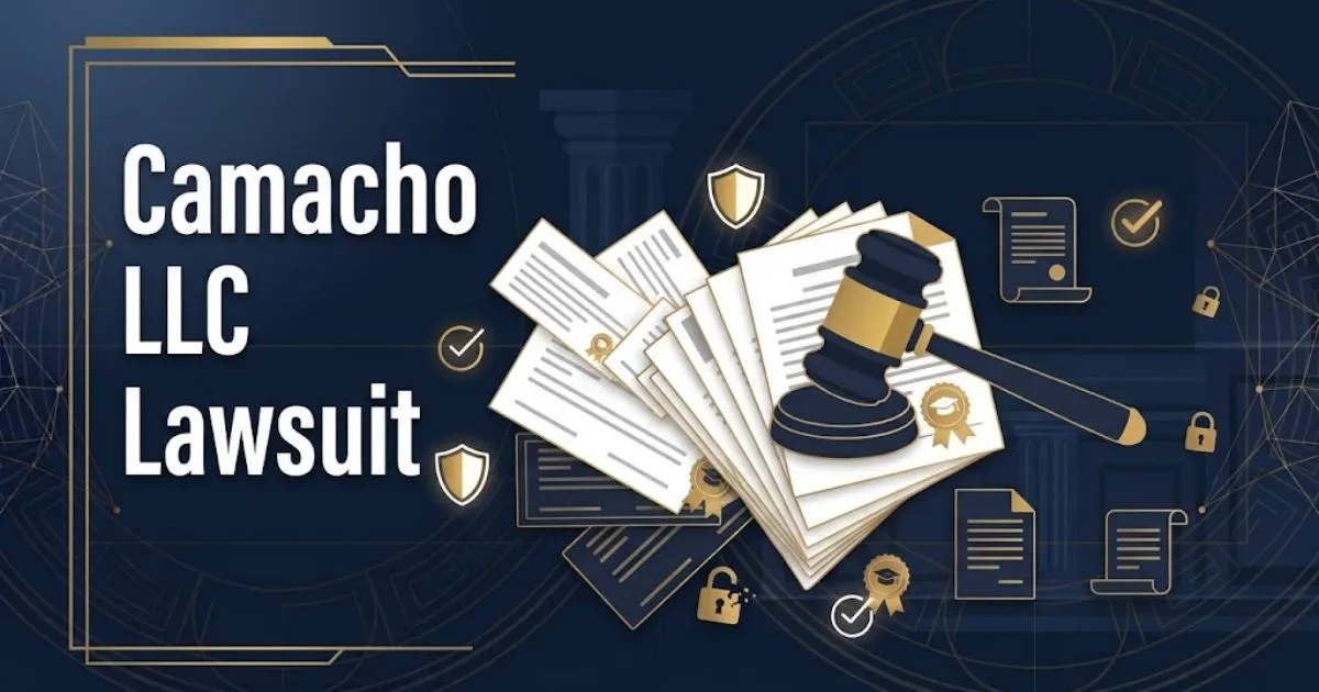 Camacho LLC lawsuit hero banner with gavel silhouette and legal documents on navy background
