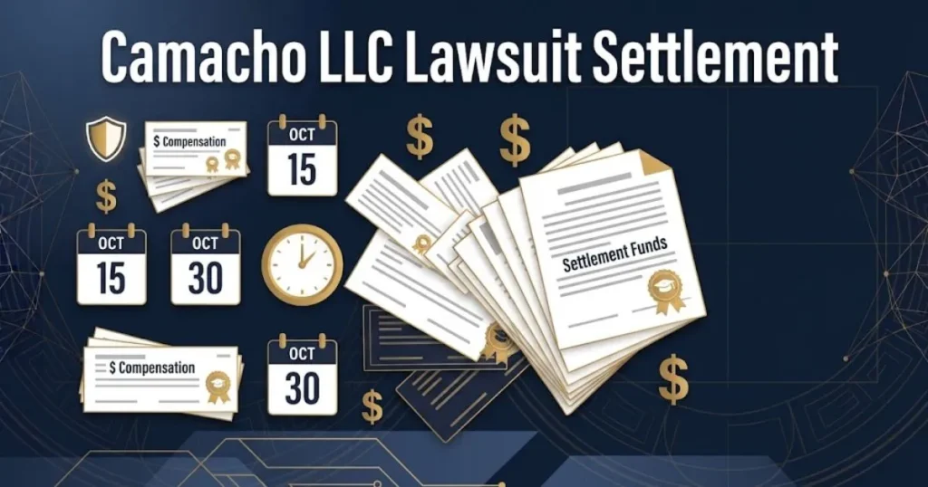 Camacho LLC lawsuit settlement graphic with compensation and deadline icons on navy background